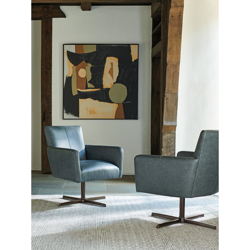 Elegant Gray Leather Swivel Armchair with Bronze Metal Legs