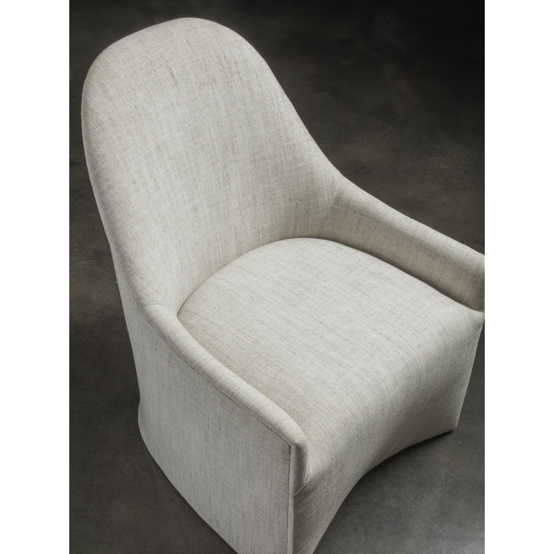Misty Gray Linen Upholstered Side Chair with Brushed Brass Casters