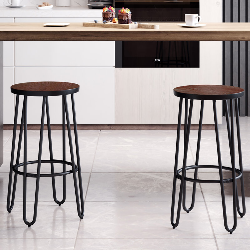 Rustic Elm 24-Inch Backless Counter Stool with Hairpin Metal Legs
