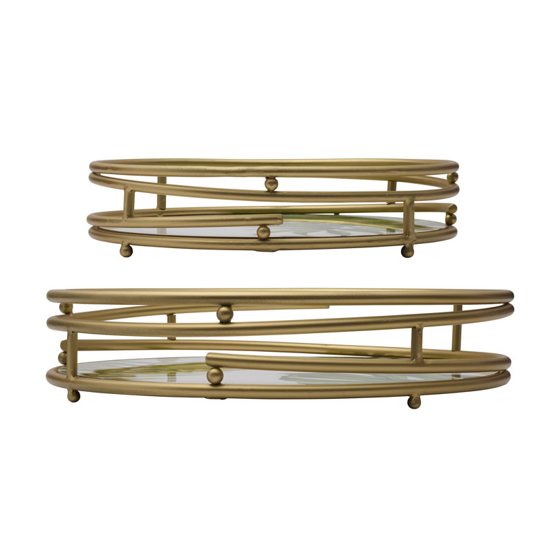 Gold and Tropical Patterned Nested Serving Trays, Set of 2