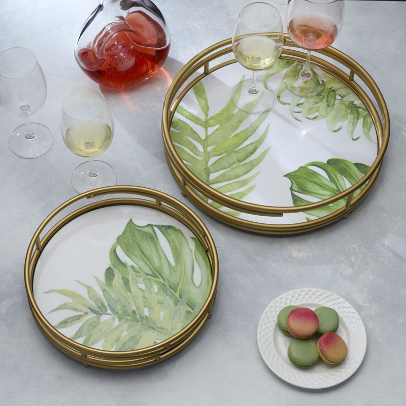 Gold and Tropical Patterned Nested Serving Trays, Set of 2