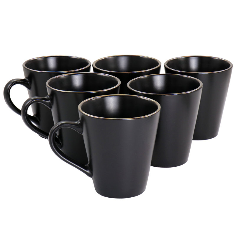 Matte Black Ceramic Mugs with Gold Trim, Set of 6