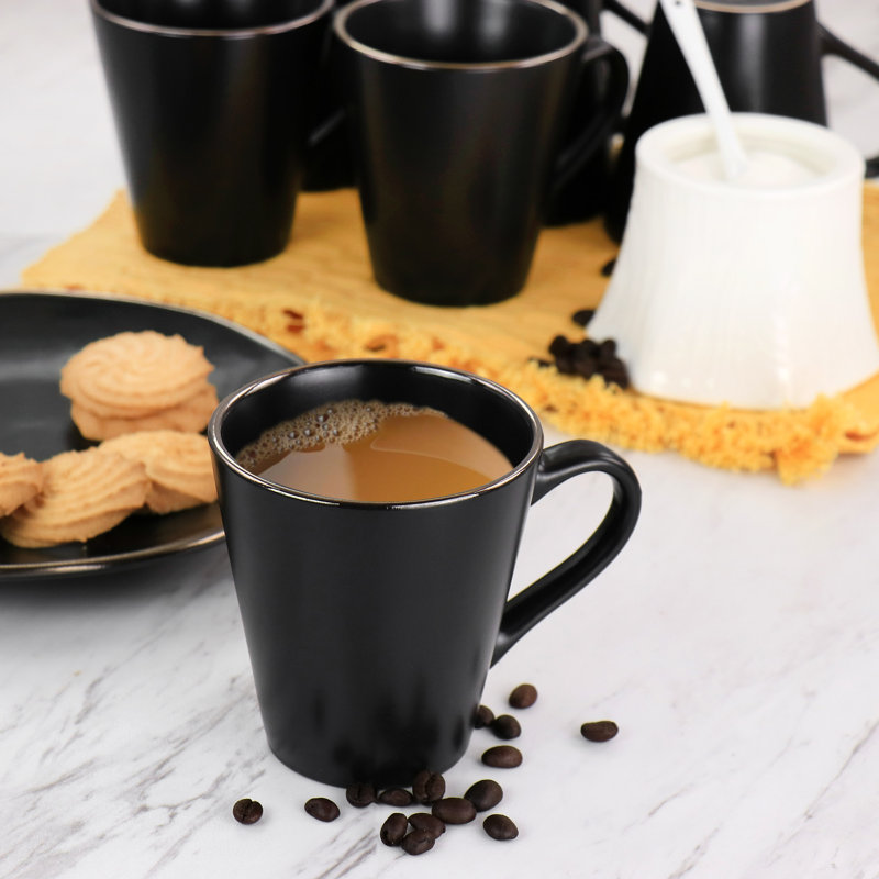 Matte Black Ceramic Mugs with Gold Trim, Set of 6