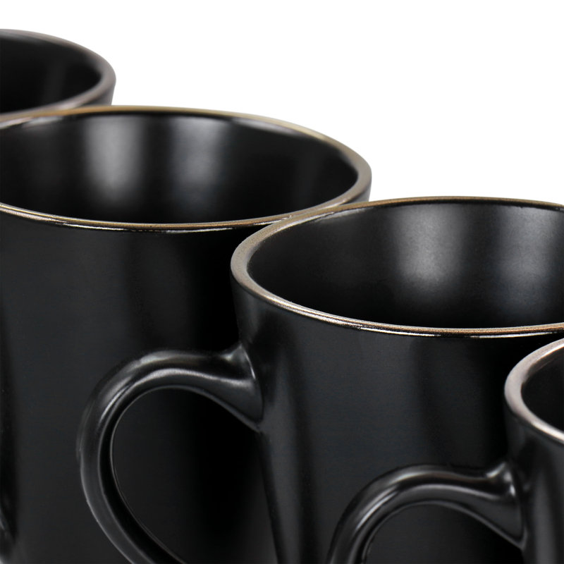 Matte Black Ceramic Mugs with Gold Trim, Set of 6