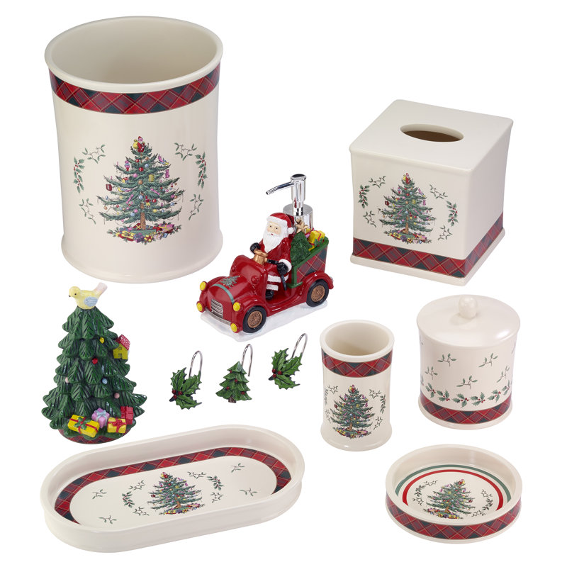 Ivory and Red Christmas Tree Tartan Wastebasket