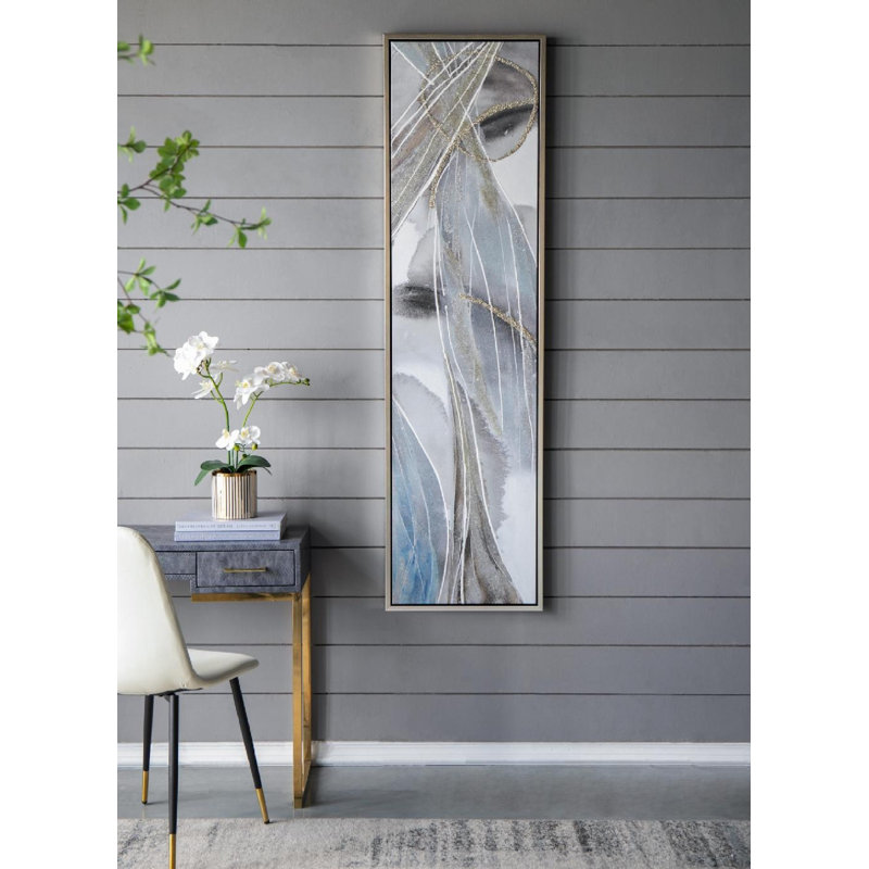 Tall Abstract Framed Oil Paintings in Purple, Gold, and Blue