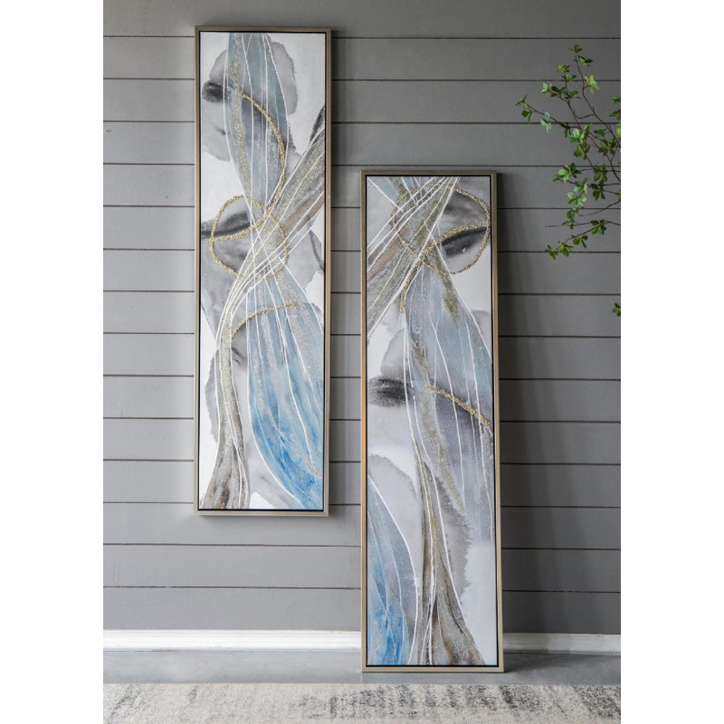 Tall Abstract Framed Oil Paintings in Purple, Gold, and Blue