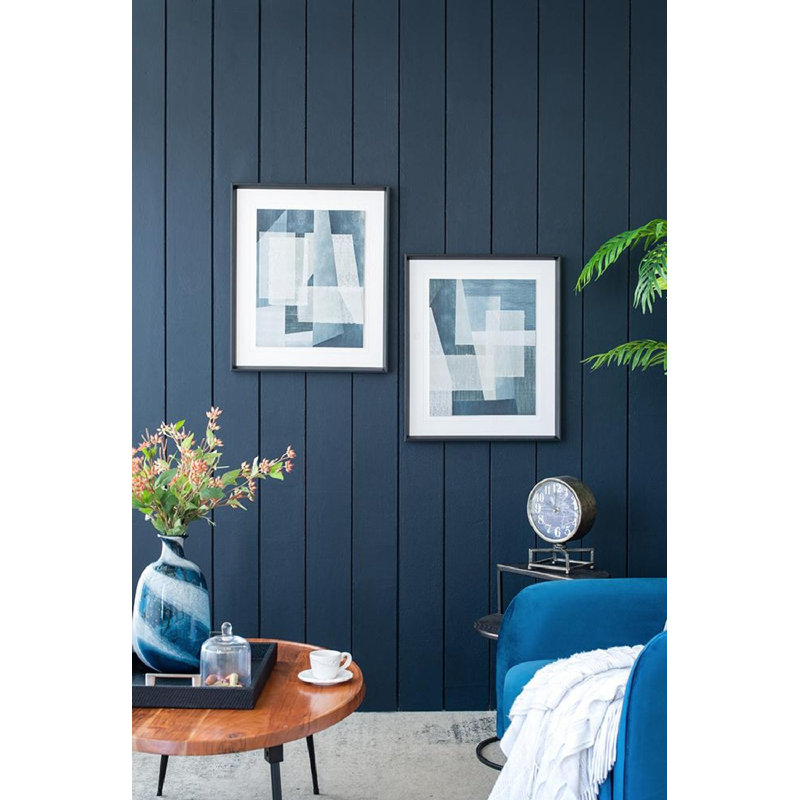 Set of 2 Blue Geometric Abstract Canvas Prints with Black Frames