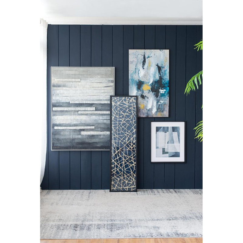 Set of 2 Blue Geometric Abstract Canvas Prints with Black Frames