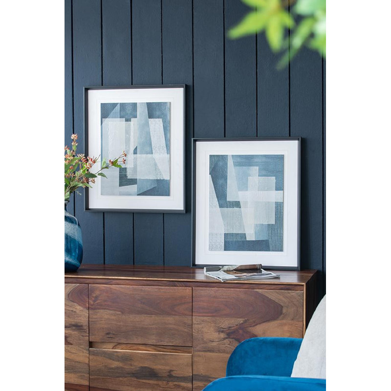 Set of 2 Blue Geometric Abstract Canvas Prints with Black Frames