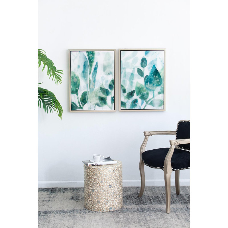 Green and White Acrylic Leaf Print Wall Art Set