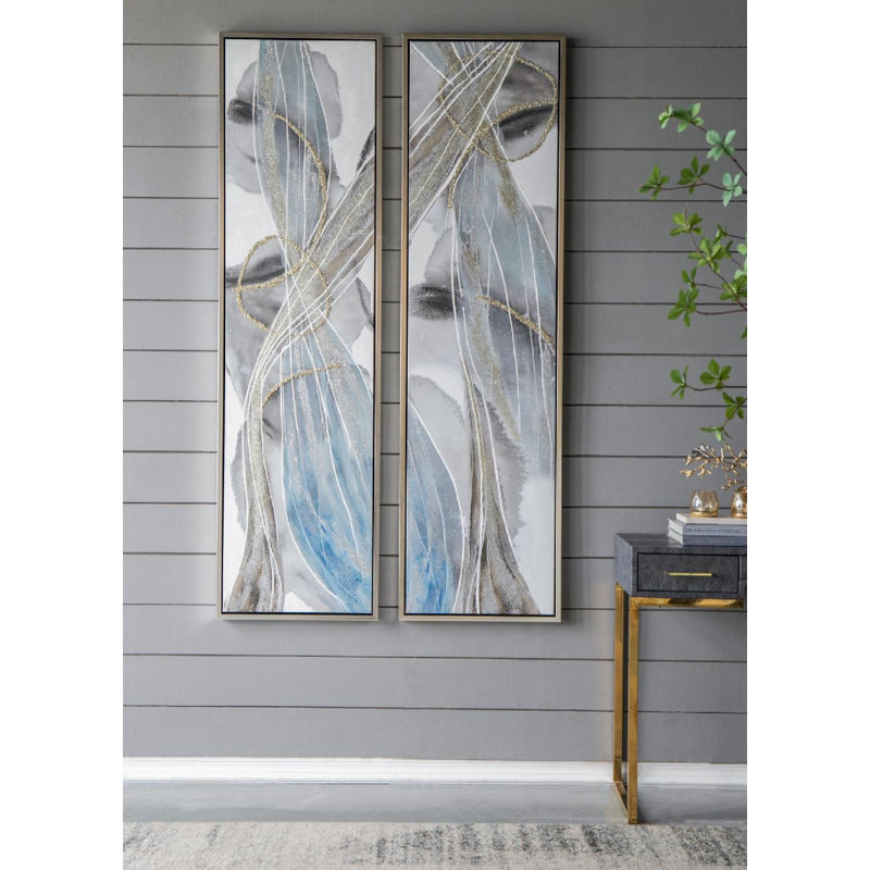 Tall Abstract Framed Oil Paintings in Purple, Gold, and Blue