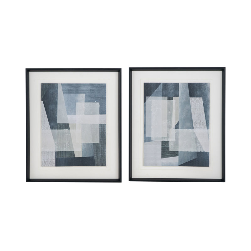 Set of 2 Blue Geometric Abstract Canvas Prints with Black Frames