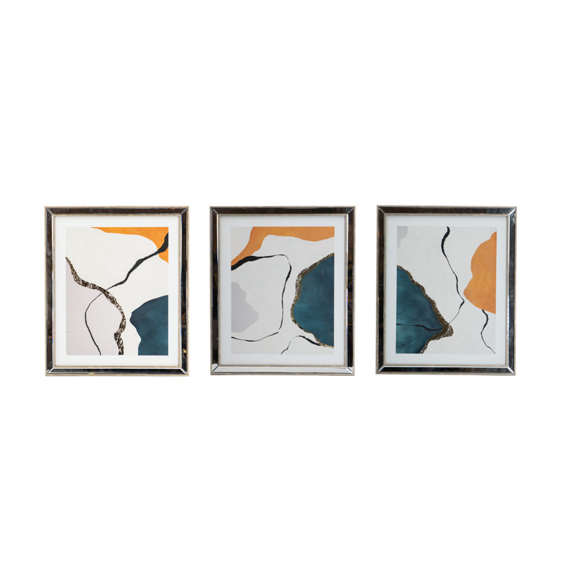 Set of 3 Blue and Orange Abstract Framed Wall Art