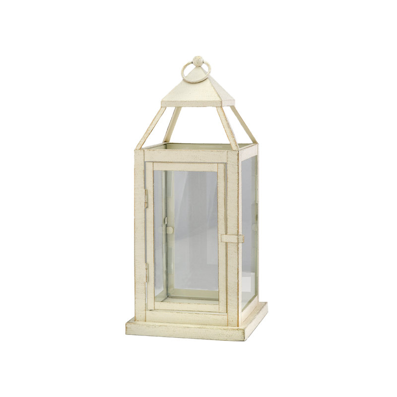 Antique White Square Stainless Steel & Glass Tabletop Lantern, 16''