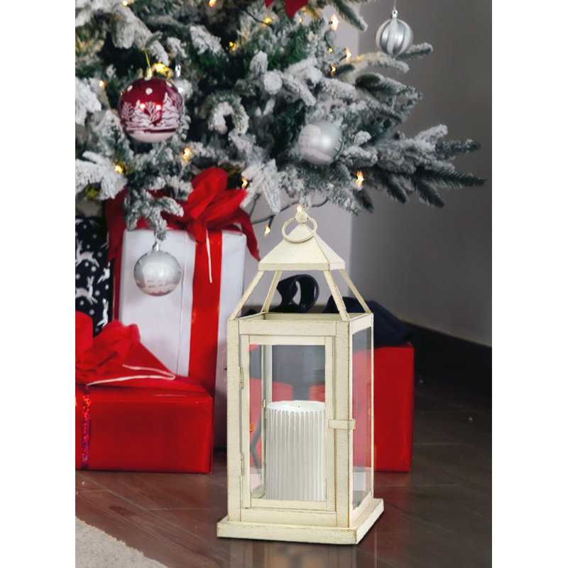 Antique White Square Stainless Steel & Glass Tabletop Lantern, 16''