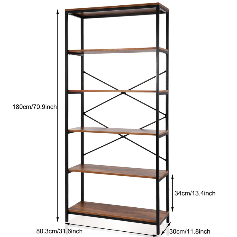 Black and Brown 6-Tier Iron and Wood Bookcase Set