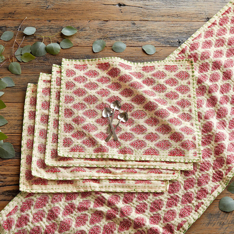 Handcrafted Red and Beige Cotton Table Runner