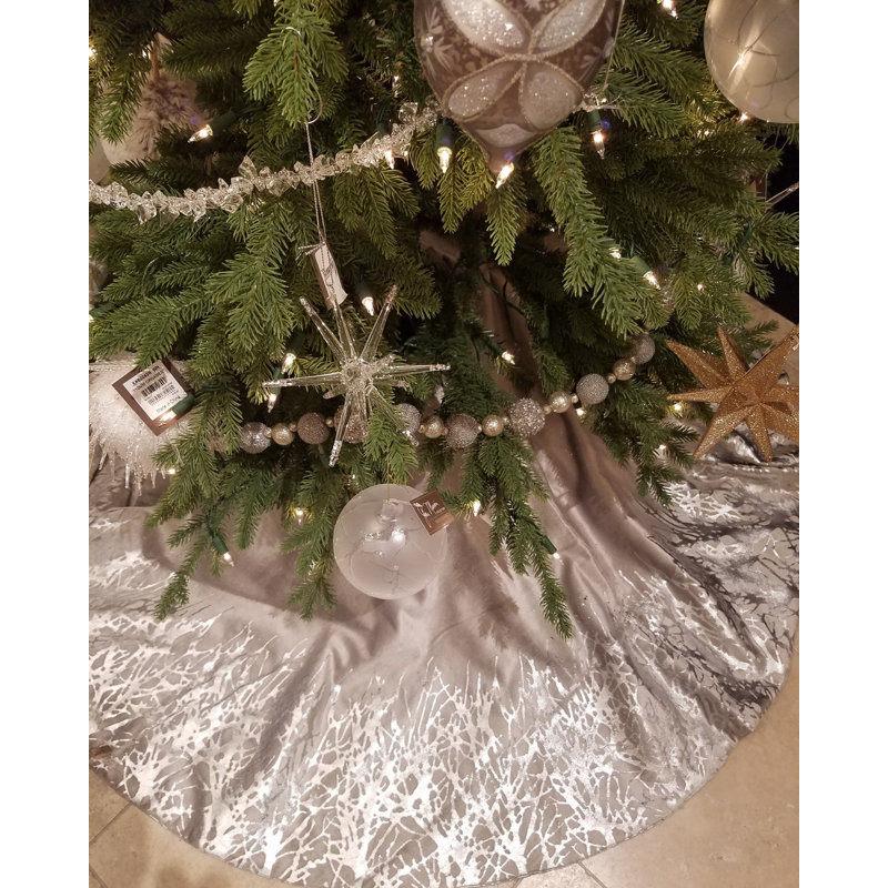 Handmade Silver Gray Velvet Christmas Tree Skirt with Foil Border