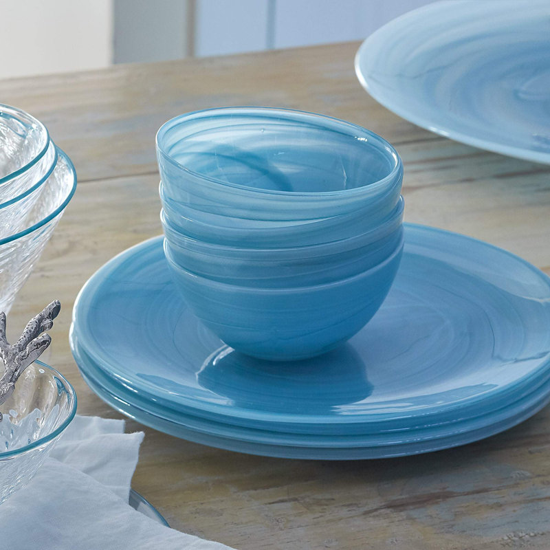 Aqua Alabaster Glass Serving Bowl, 15" Dishwasher Safe