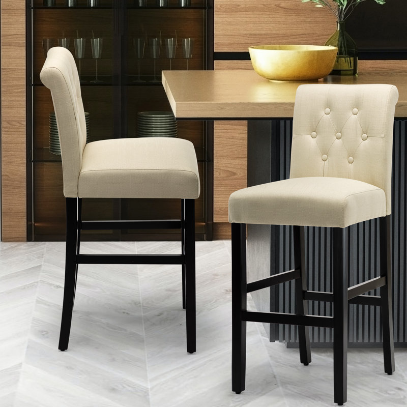 Beige Linen Upholstered Bar Stools with Black Wood Legs, Set of 2
