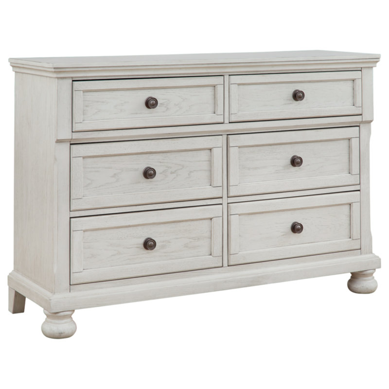 Elegant Antiqued White 52" Transitional Dresser with Bronze-Tone Knobs