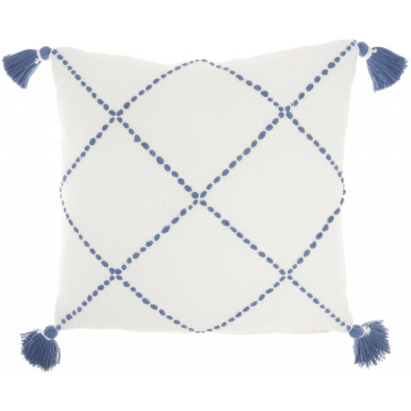 20" Square Blue and White Embroidered Cotton Throw Pillow with Tassels