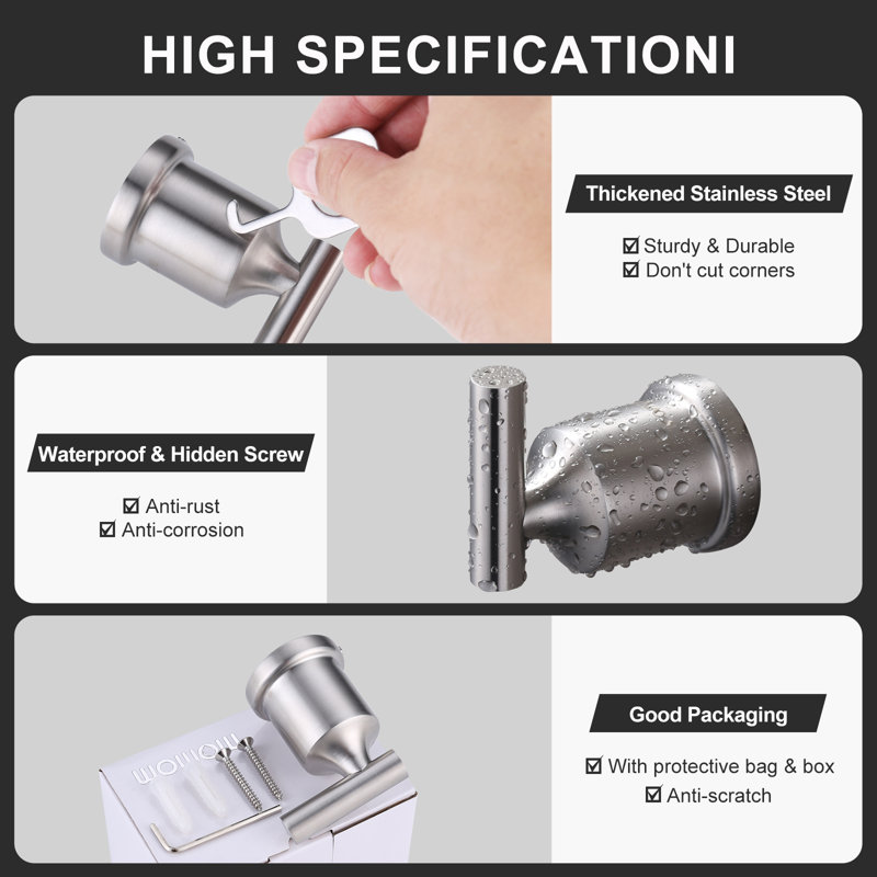 Brushed Nickel Stainless Steel Wall-Mounted Towel Hooks, 2-Pack
