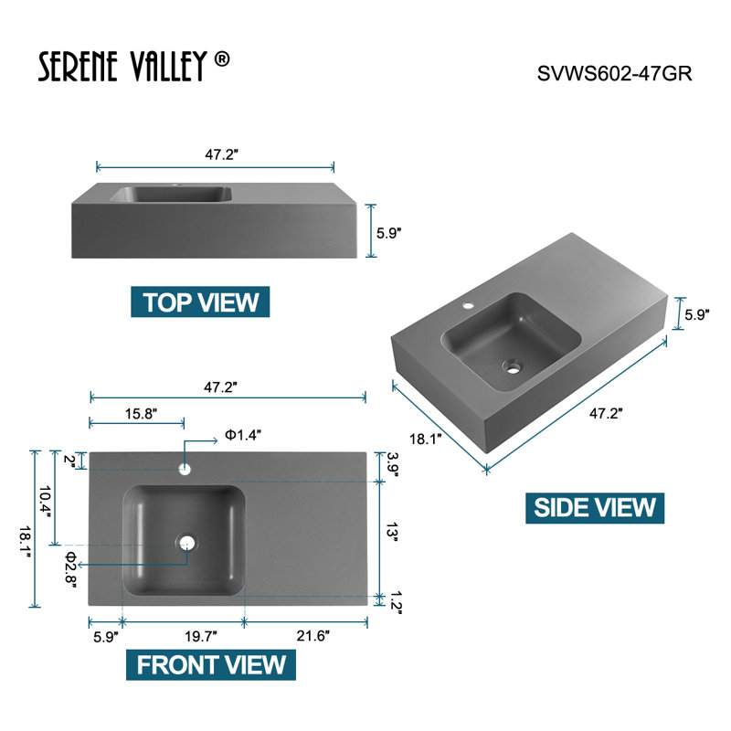 Gray Solid Surface Wall-Mount Rectangular Bathroom Sink
