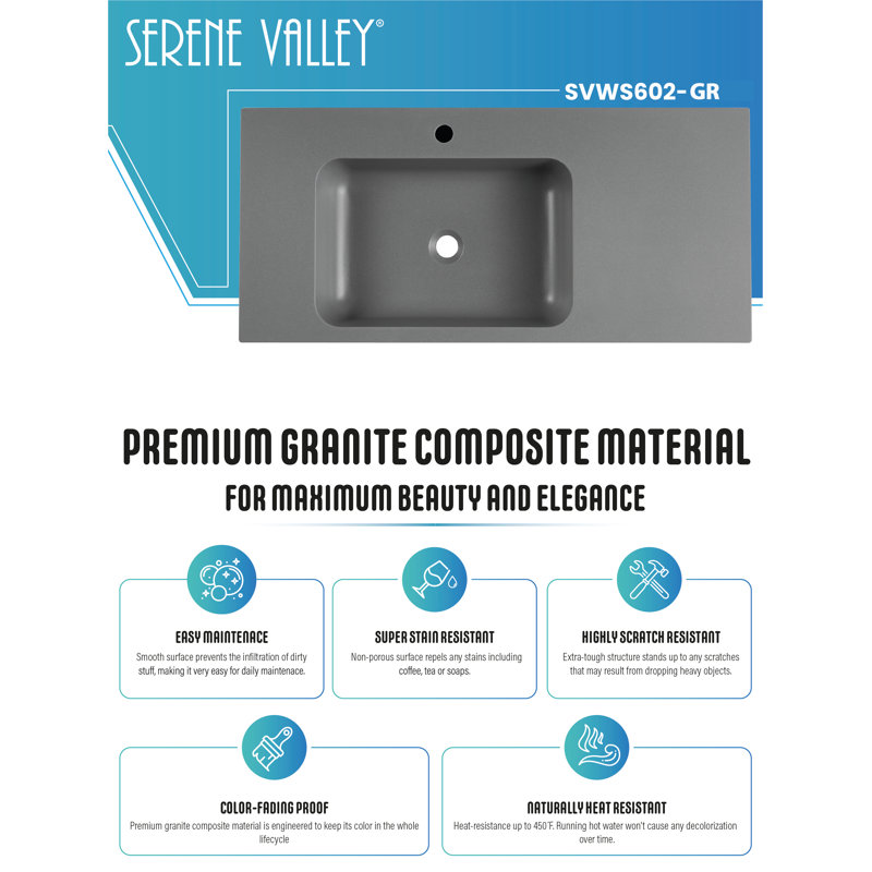 Gray Solid Surface Wall-Mount Rectangular Bathroom Sink