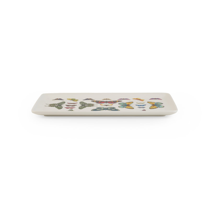 Harmony 14" White Porcelain Rectangular Serving Tray with Floral Motifs