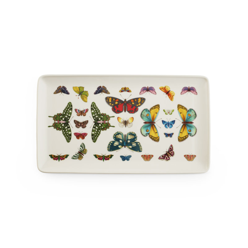 Harmony 14" White Porcelain Rectangular Serving Tray with Floral Motifs