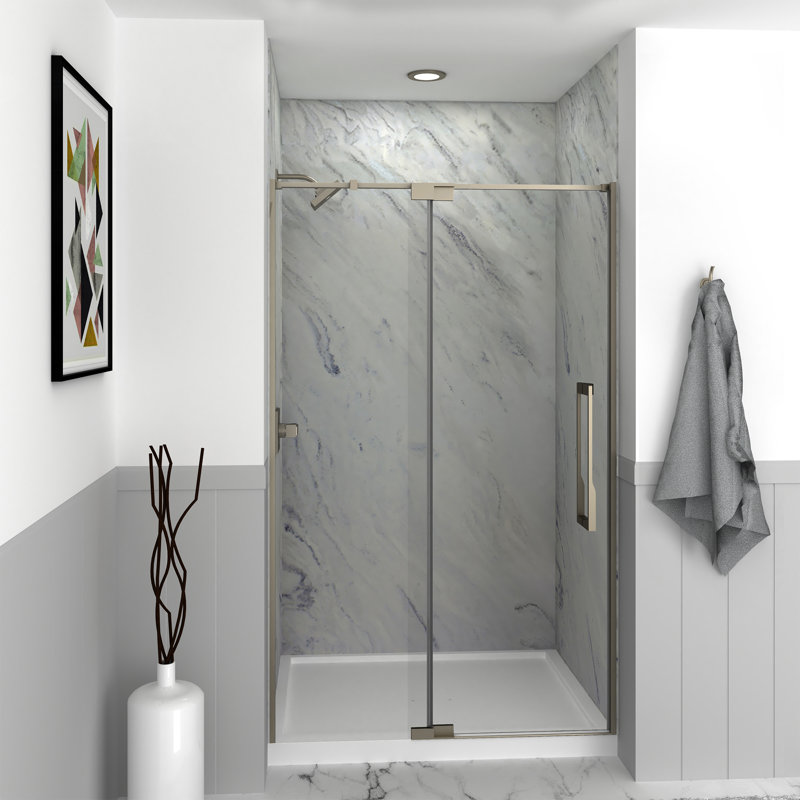 Brushed Stainless 48" x 76" Semi-Frameless Pivot Shower Door