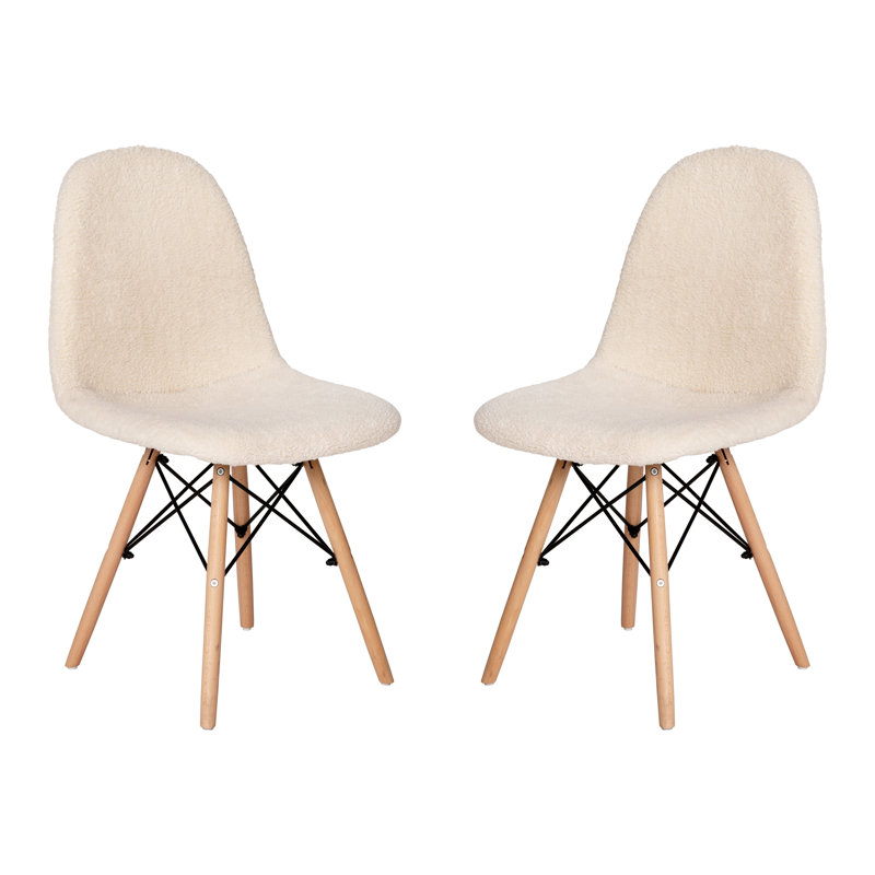 Off-White Faux Shearling Armless Chairs with Wooden Legs, Set of 2