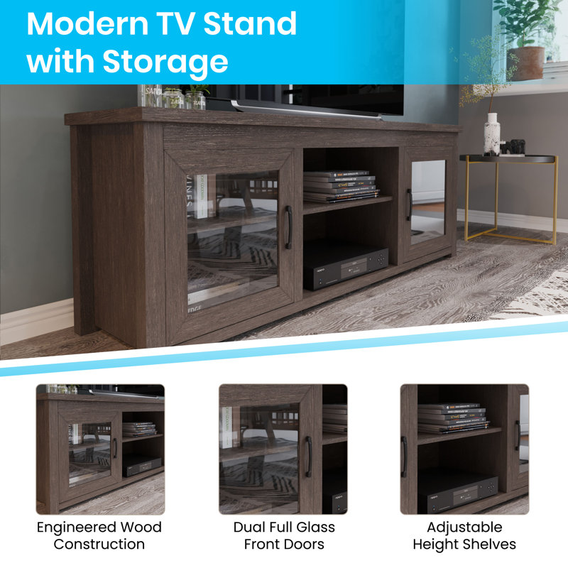Modern Black Wash 65" Engineered Wood TV Stand with Glass Doors