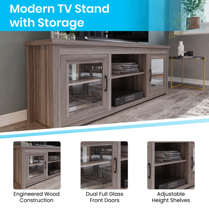 Sheffield 65" Gray Wash Oak TV Stand with Glass Doors