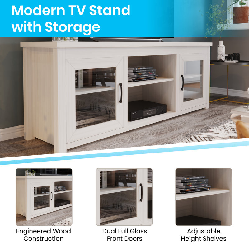 Modern White Wash 65" Engineered Wood TV Stand with Glass Doors