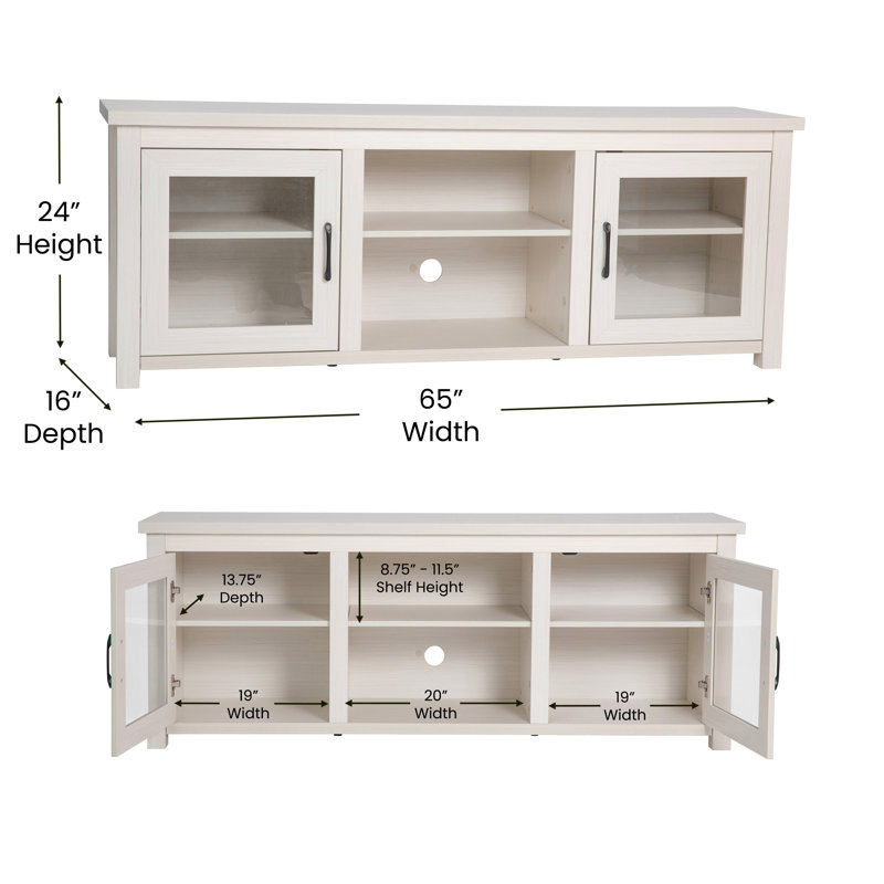 Modern White Wash 65" Engineered Wood TV Stand with Glass Doors