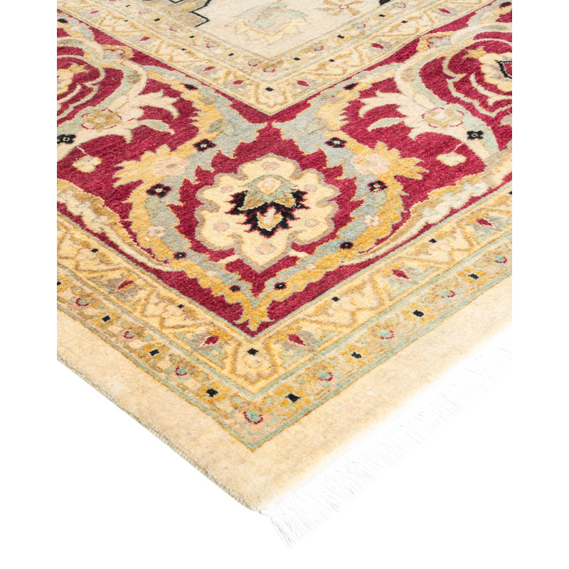 Elegant Hand-Knotted Ivory/Beige/Burgundy Wool Oriental Rug 10' x 14'