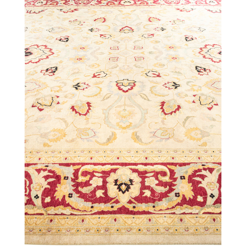 Elegant Hand-Knotted Ivory/Beige/Burgundy Wool Oriental Rug 10' x 14'
