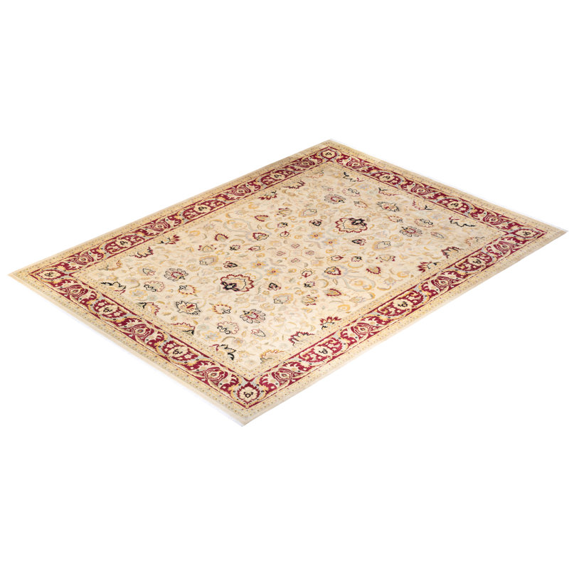 Elegant Hand-Knotted Ivory/Beige/Burgundy Wool Oriental Rug 10' x 14'
