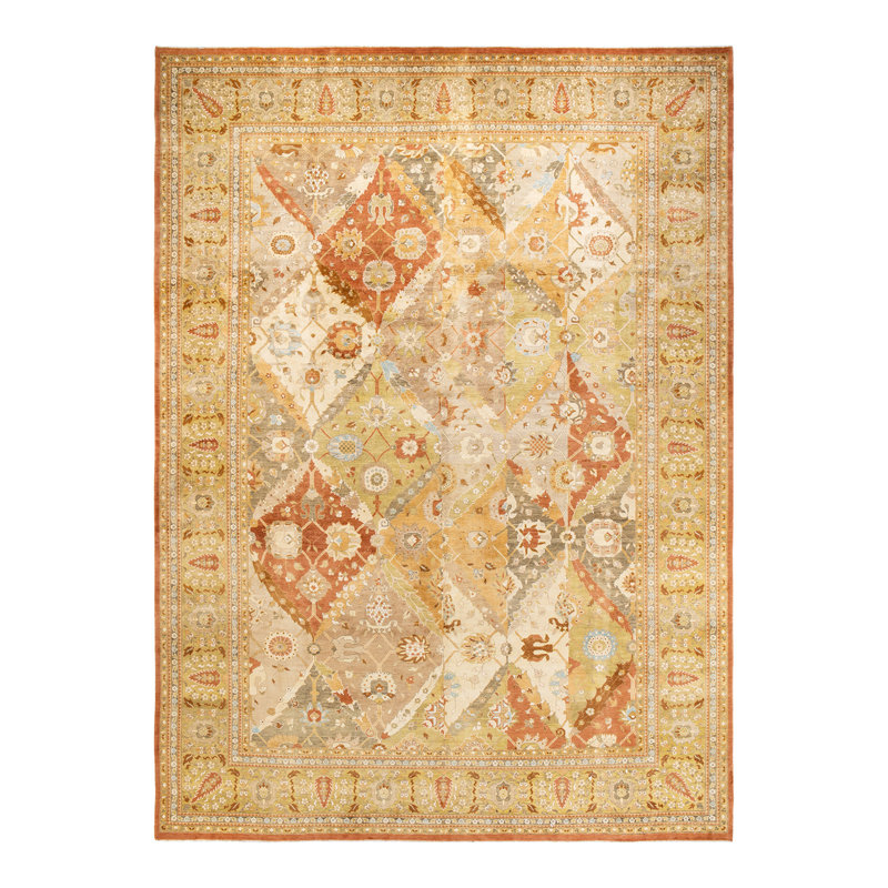 Hand-Knotted Beige and Orange Wool Area Rug 10' x 13'