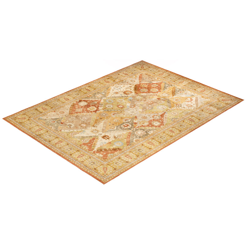 Hand-Knotted Beige and Orange Wool Area Rug 10' x 13'