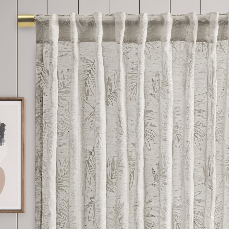 Gray Sheer Leaf Embroidered Rod Pocket Curtain Panel