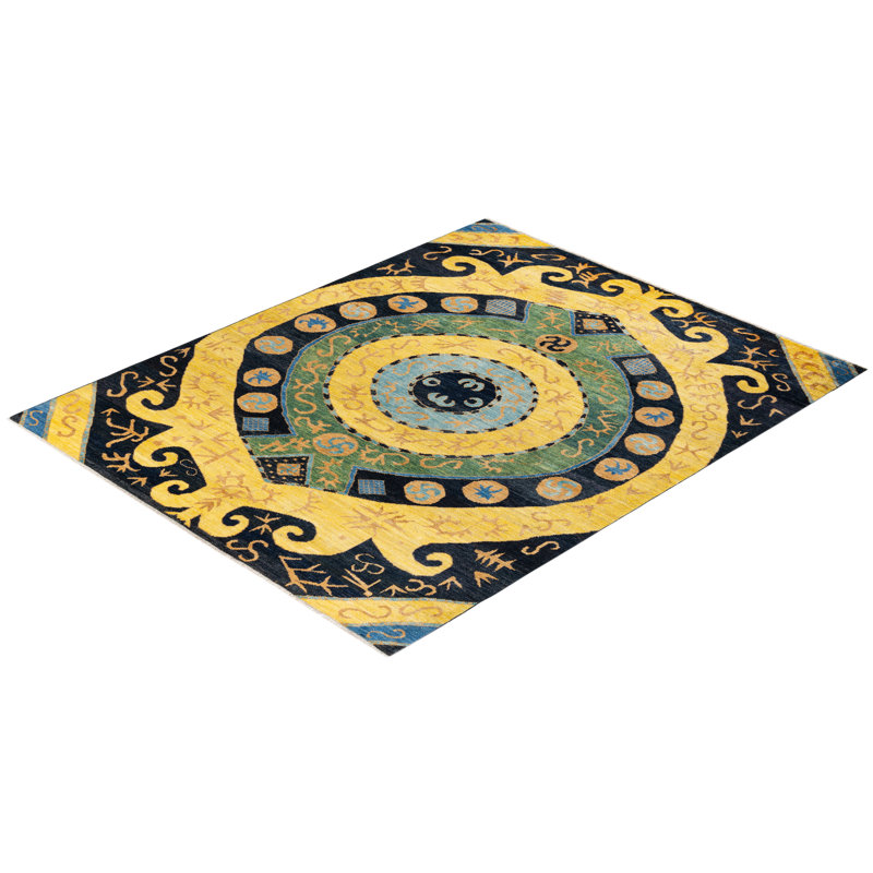 Handmade Black and Yellow Wool 9' x 12' Area Rug