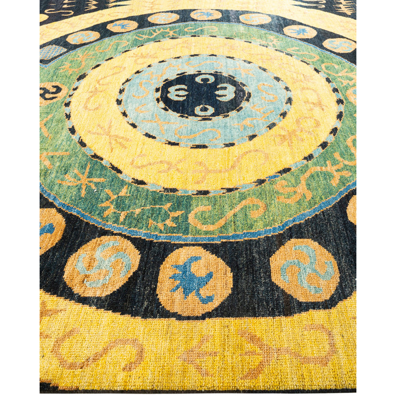 Handmade Black and Yellow Wool 9' x 12' Area Rug