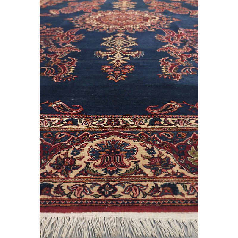 Kashan Blue and Ivory Hand-Knotted Wool Area Rug