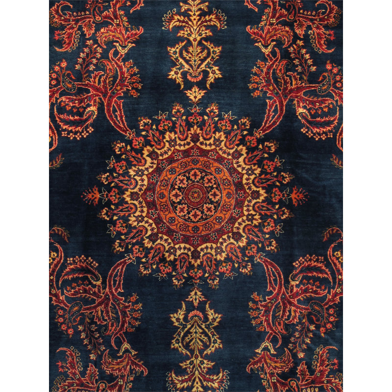 Kashan Blue and Ivory Hand-Knotted Wool Area Rug