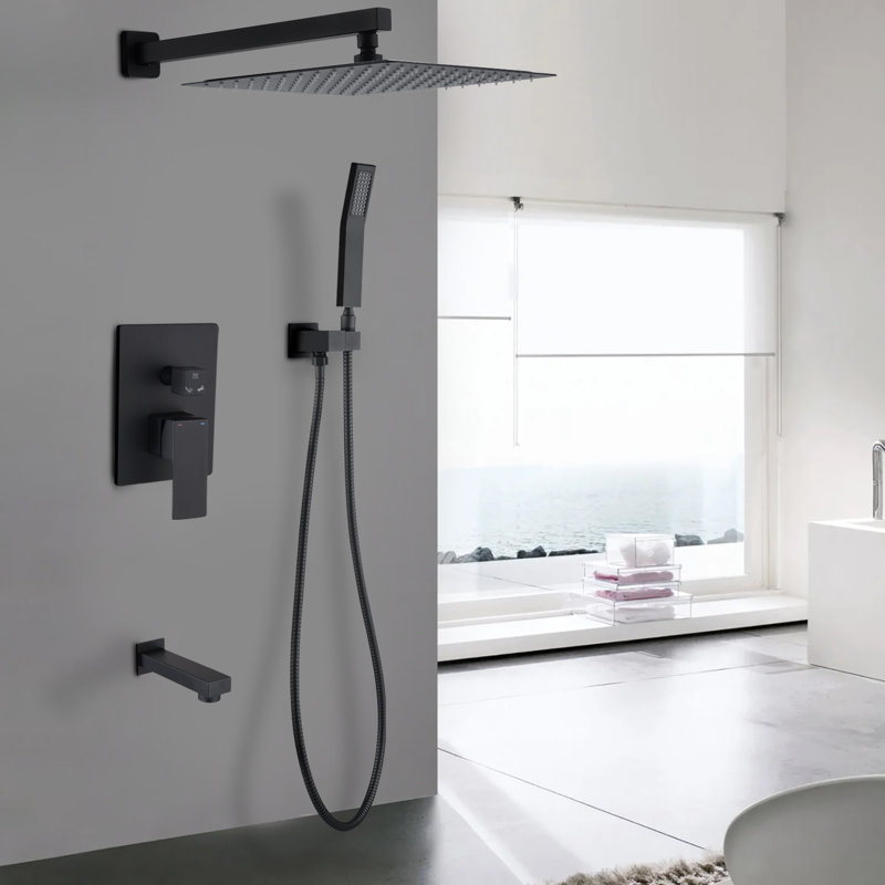 Matte Black Rainfall Shower Head and Tub Faucet Set
