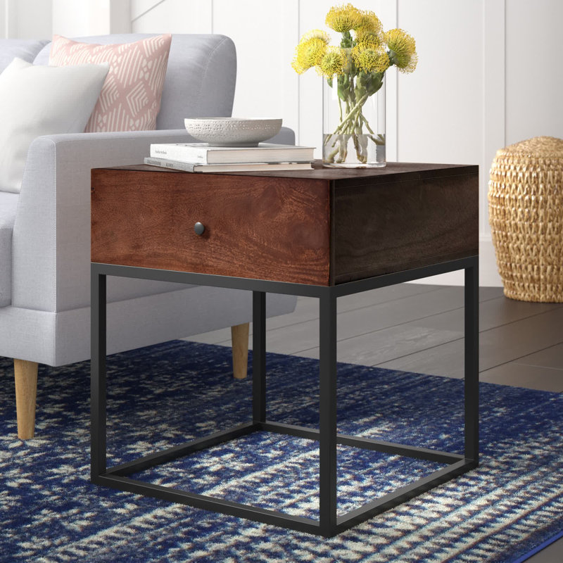 Modern Industrial Mango Wood & Iron End Table with Drawer